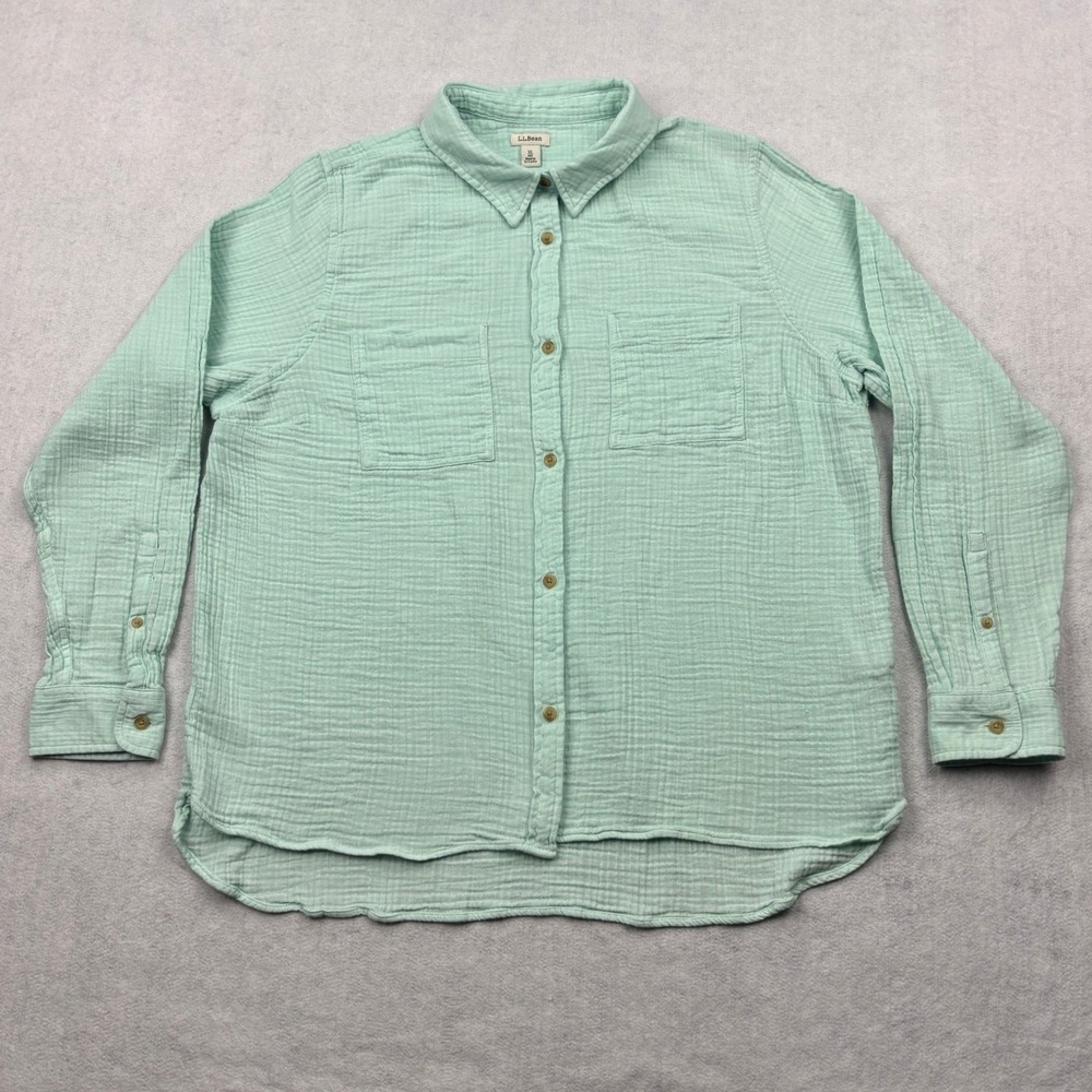LL Bean Shirt Womens XL Green Cotton Double Cloth Gauze Button Down Pockets Top